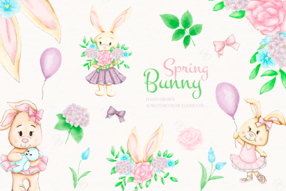 Bunny Flowers Watercolor Clipart & Illustrations