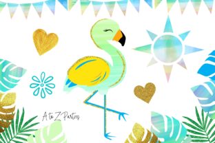 Flamingo Tropical Watercolor Glitter Set Illustrations