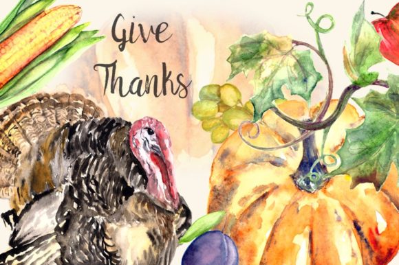 Give Thanks Watercolor Clipart Set & Illustrations