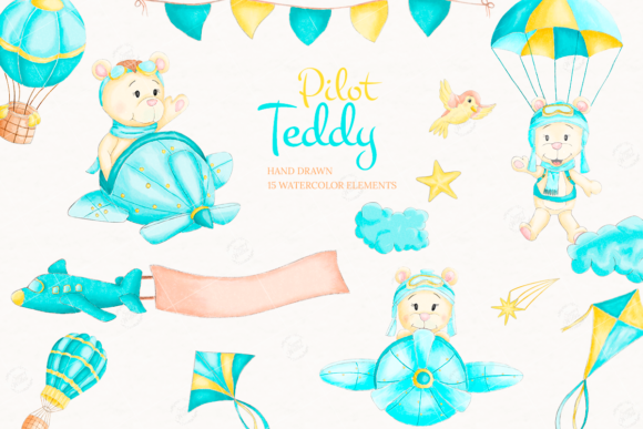 Pilot Teddy Watercolor Clipart & Illustrations