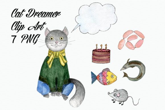 Watercolor Cat Dreamer Clip Art & Illustrations
