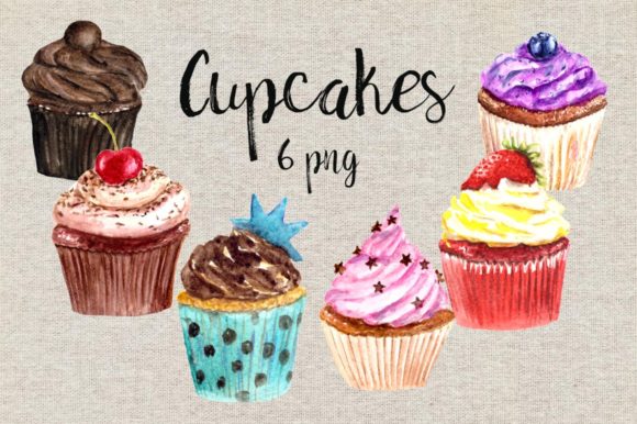Watercolor Cupcakes Clip Art Set & Illustrations