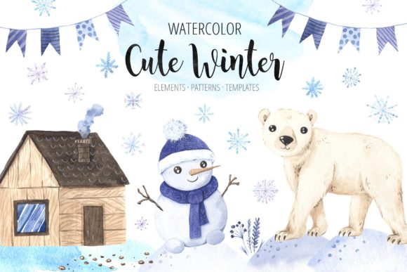 Watercolor Cute Winter Animals Set Illustrations