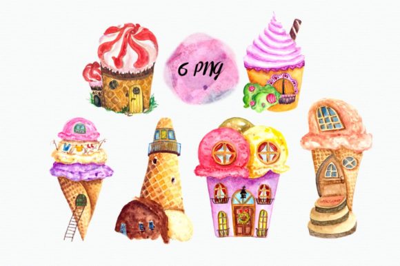 Watercolor Ice Cream Village Clipart & Illustrations