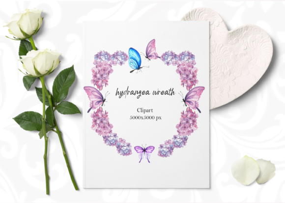 Watercolor Wreath with Hydrangea Flowers & Illustrations
